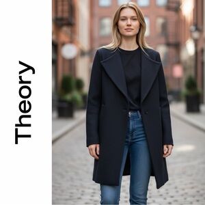 Theory Women's Navy Blue Venizka Camden Wool-Blend Twill Coat - Size L‎